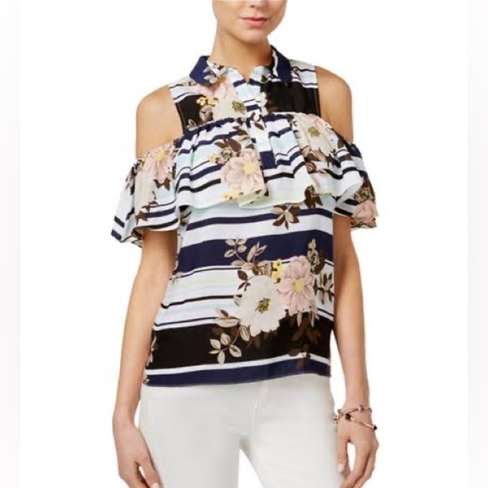 Guess floral striped cold shoulder blouse